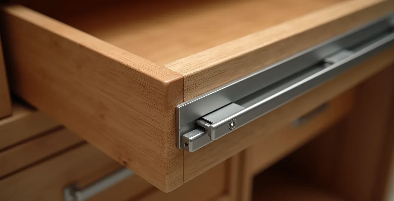 Gros plan sur un système de rangement coulissant en bois avec mécanisme visible