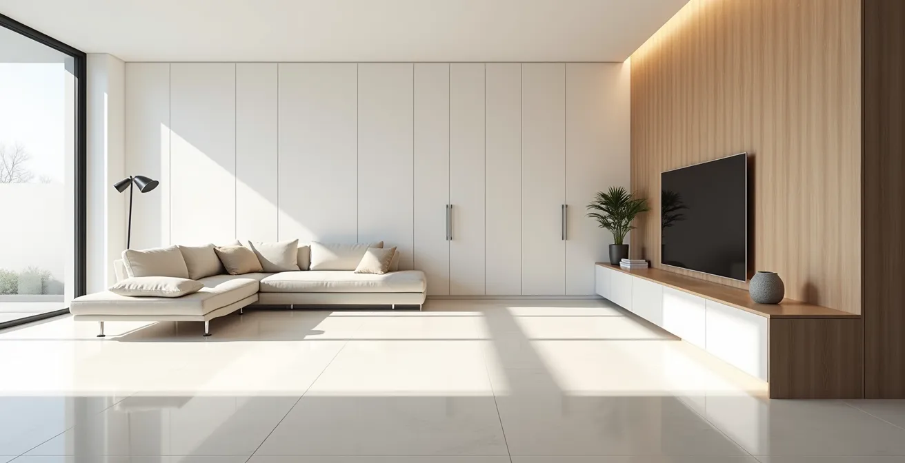 Vue environnementale d'un salon avec aménagements sur mesure intégrés harmonieusement