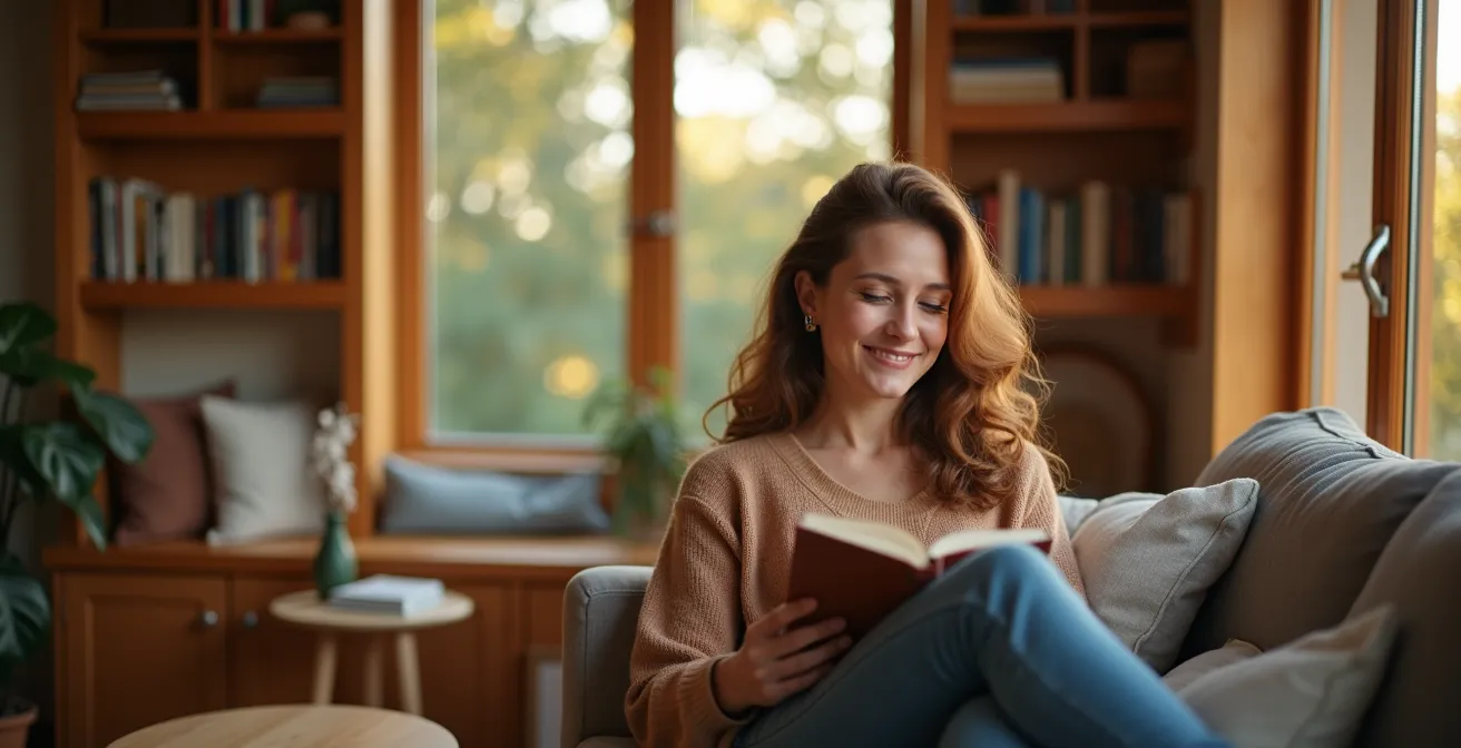 Personne sereine dans un intérieur parfaitement organisé avec mobilier sur mesure