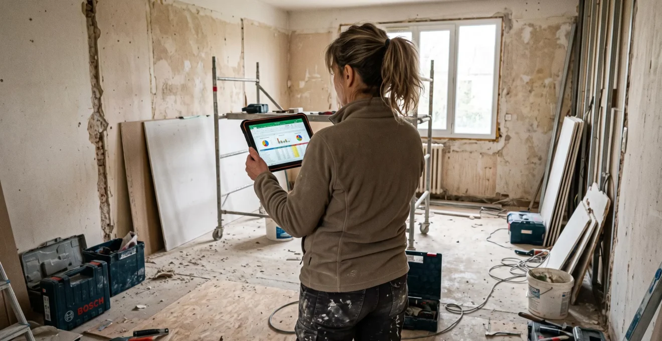 Artisan rénovant l'intérieur d'une maison individuelle, travaillant sur un mur en cours de rénovation avec outils et matériaux visibles
