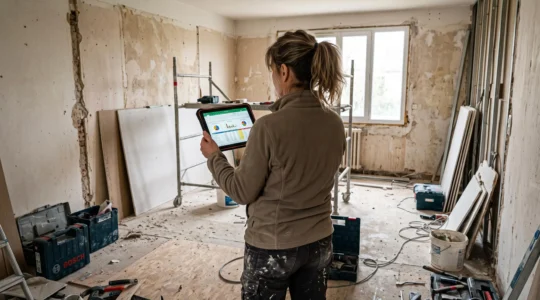 Artisan rénovant l'intérieur d'une maison individuelle, travaillant sur un mur en cours de rénovation avec outils et matériaux visibles