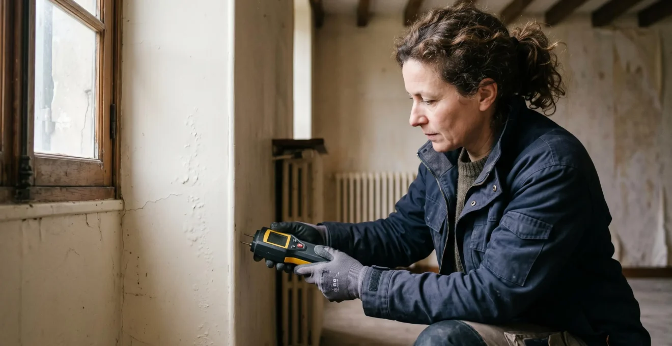 Expert du bâtiment réalisant un diagnostic technique dans une maison, inspectant une installation avec des outils de mesure professionnels
