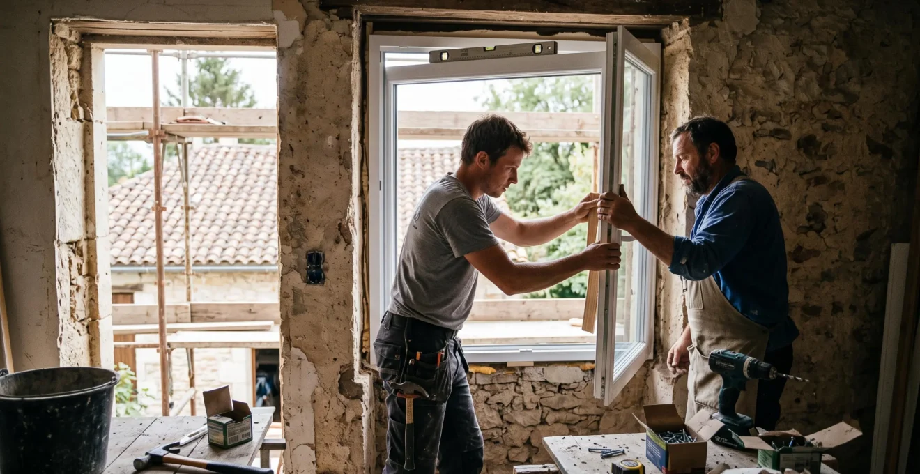Professionnels installant une nouvelle fenêtre dans le cadre d'une rénovation énergétique de maison individuelle