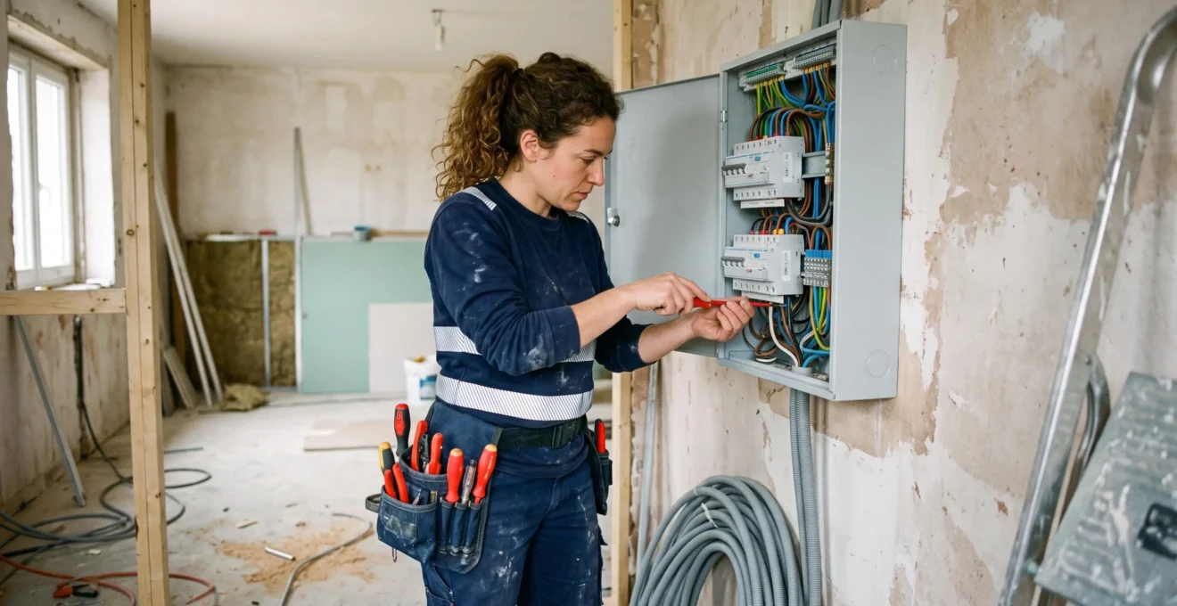 Électricien qualifié installant des composants électriques dans un tableau électrique sur un chantier de rénovation résidentielle