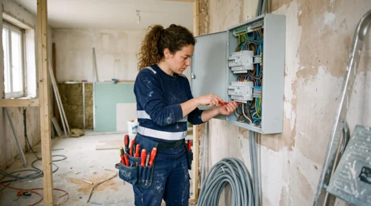 Électricien qualifié installant des composants électriques dans un tableau électrique sur un chantier de rénovation résidentielle