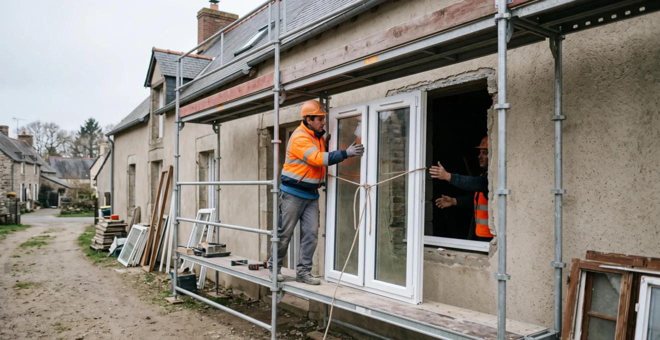Deux ouvriers du bâtiment installant une fenêtre double vitrage PVC blanche dans une ouverture murale extérieure, l'un sur l'échafaudage et l'autre à l'intérieur