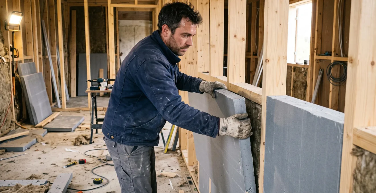 Professionnel installant des panneaux d'isolation rigide entre les montants d'un mur intérieur lors d'un chantier de rénovation résidentielle