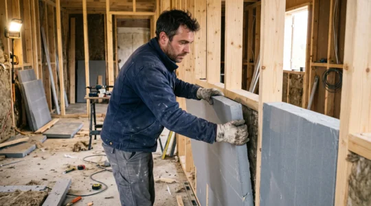 Professionnel installant des panneaux d'isolation rigide entre les montants d'un mur intérieur lors d'un chantier de rénovation résidentielle