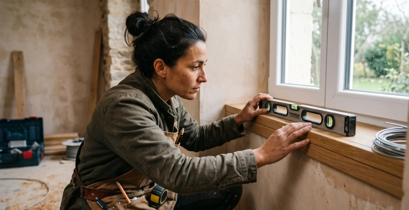Menuisier vérifiant la qualité et l'alignement d'une installation de menuiserie avec un niveau de précision