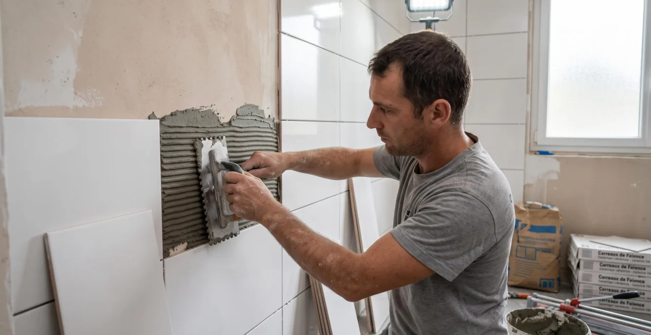 Artisan carreleur appliquant de l'adhésif sur un mur de salle de bain avec une taloche crantée lors de travaux de rénovation